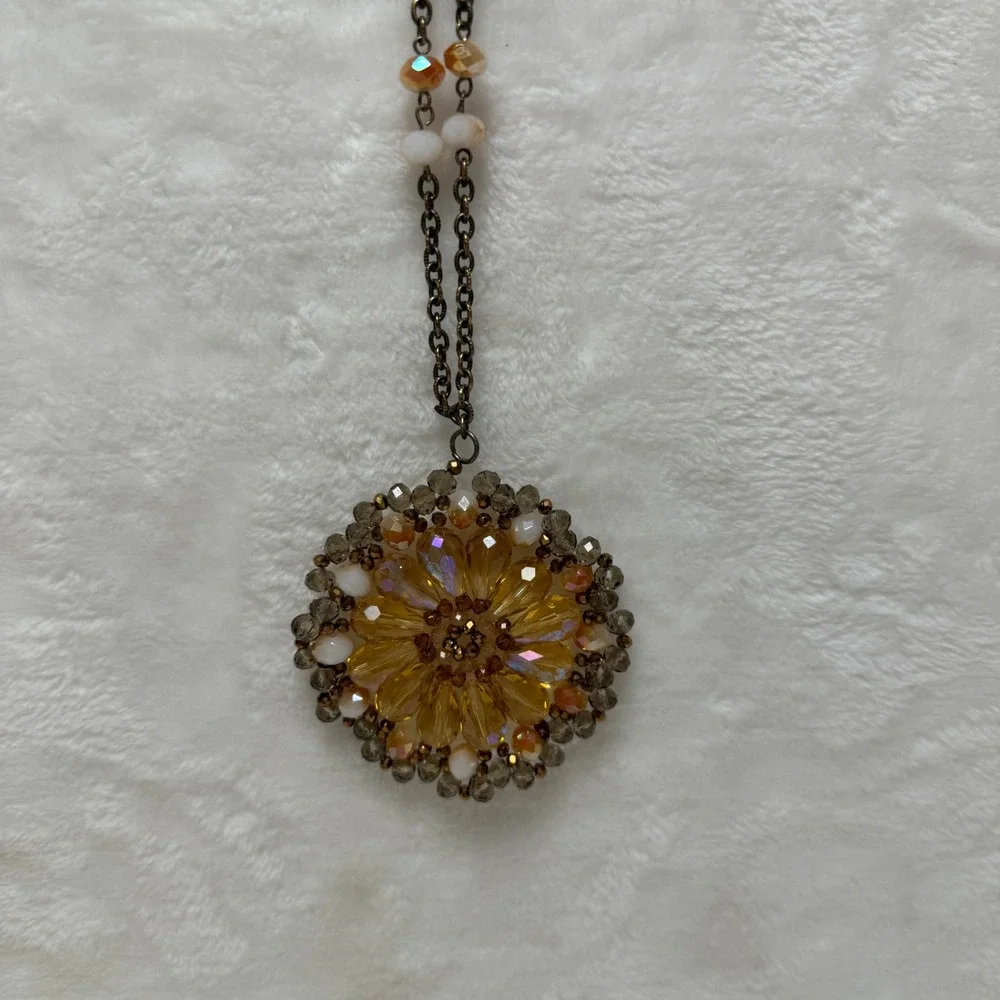 Amber Glass‎ Bead Sunburst Pendant Necklace Bronze Tone Long Boho Statement